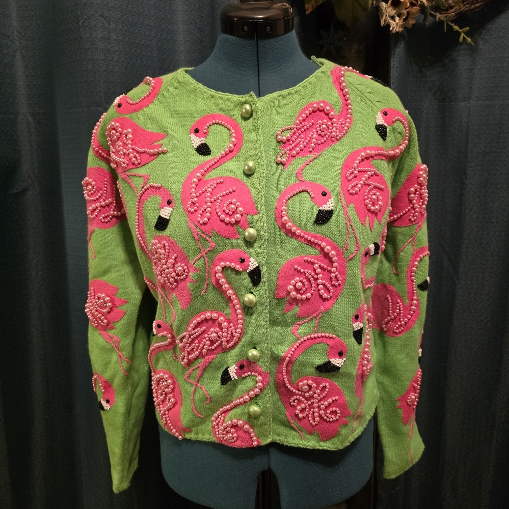 Vintage Michael Simon Flamingo Cardigan Sweater Green Medium M